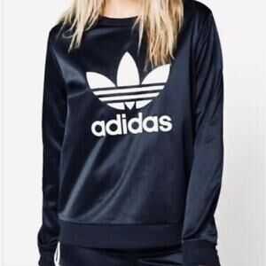 NWOT Deep NAVY Adidas Original STRETCH SATIN Trefoil  Pullover Logo Sweatshirt S